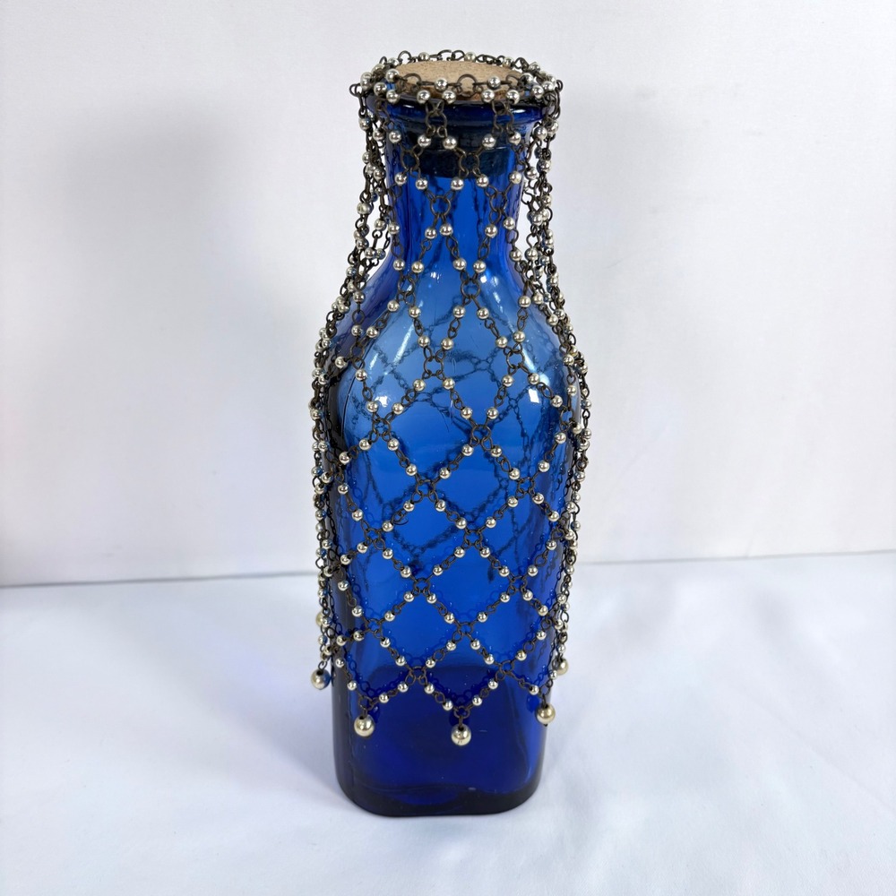 Vintage Bottle Cobalt Blue Recycled Glass Cork Decorative Chain Net Made Spain